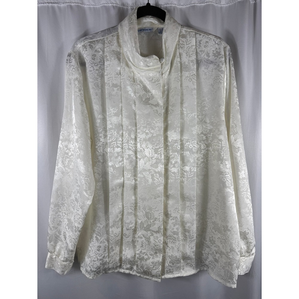 SHIP 'N SHORE Vintage White Floral Jacquard Blouse Shirt Size‎ 12 Grandmacore